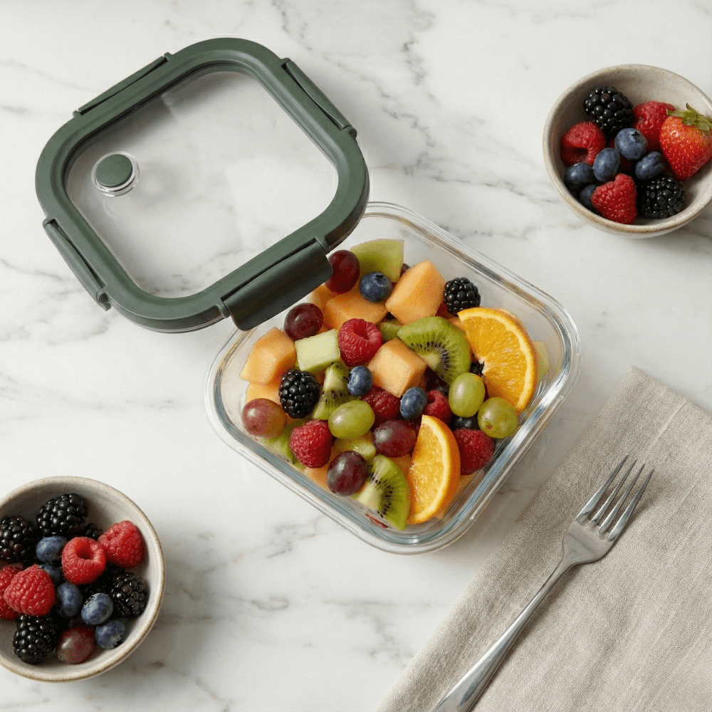Square Borosilicate Glass Container with Vented Glass Lid (1100ML)