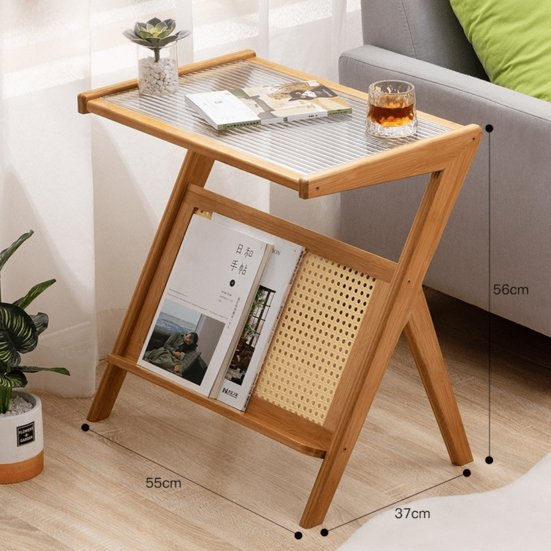 Modern Bamboo Side Table with Glass & Storage Shelf (55cm)
