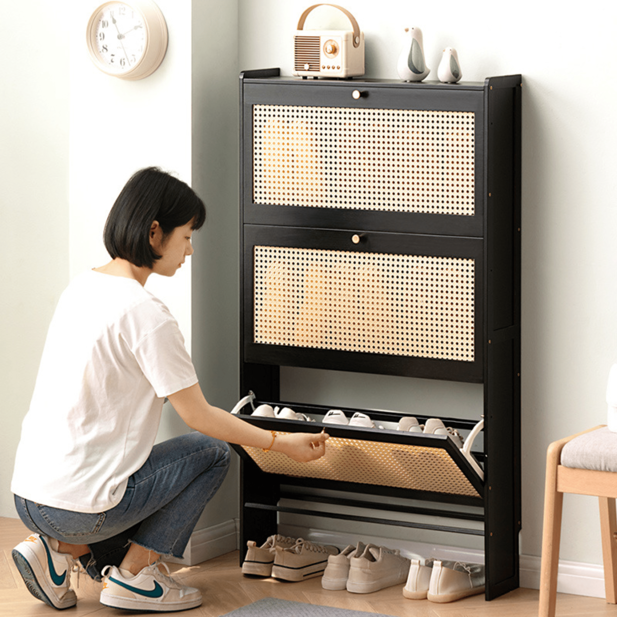 Multi-Layer Bamboo Wooden Shoe Organizer with Dustproof Doors (Black-70cm)
