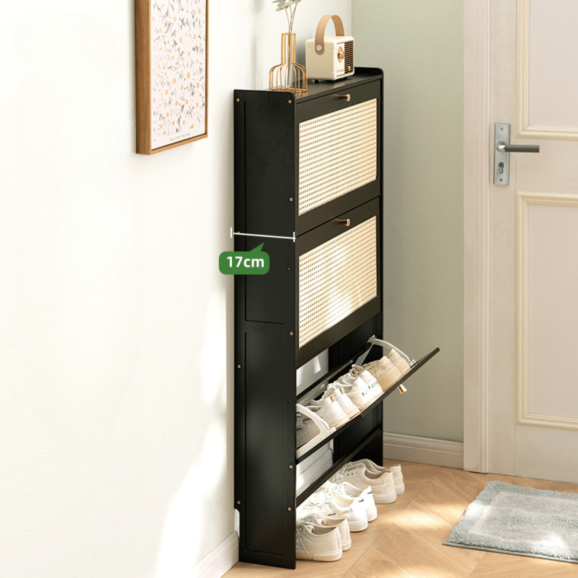 Multi-Layer Bamboo Wooden Shoe Organizer with Dustproof Doors (Black-70cm)