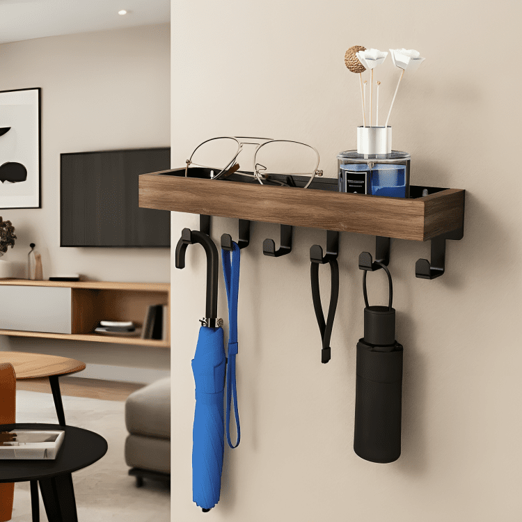 Wall-Mounted Metal Wooden Coat Rack with Shelf and Hooks