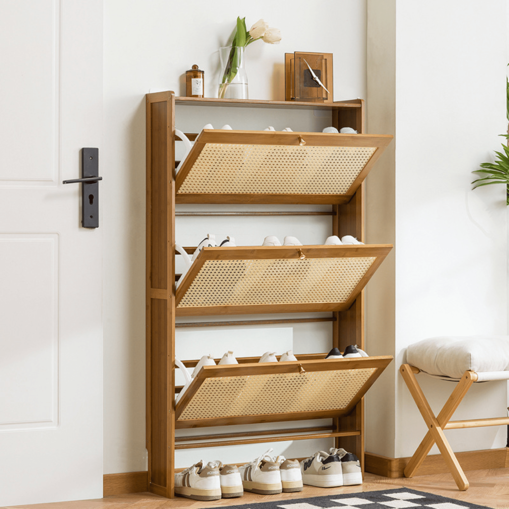 Multi-Layer Bamboo Wooden Shoe Organizer with Dustproof Doors (Brown-70cm)