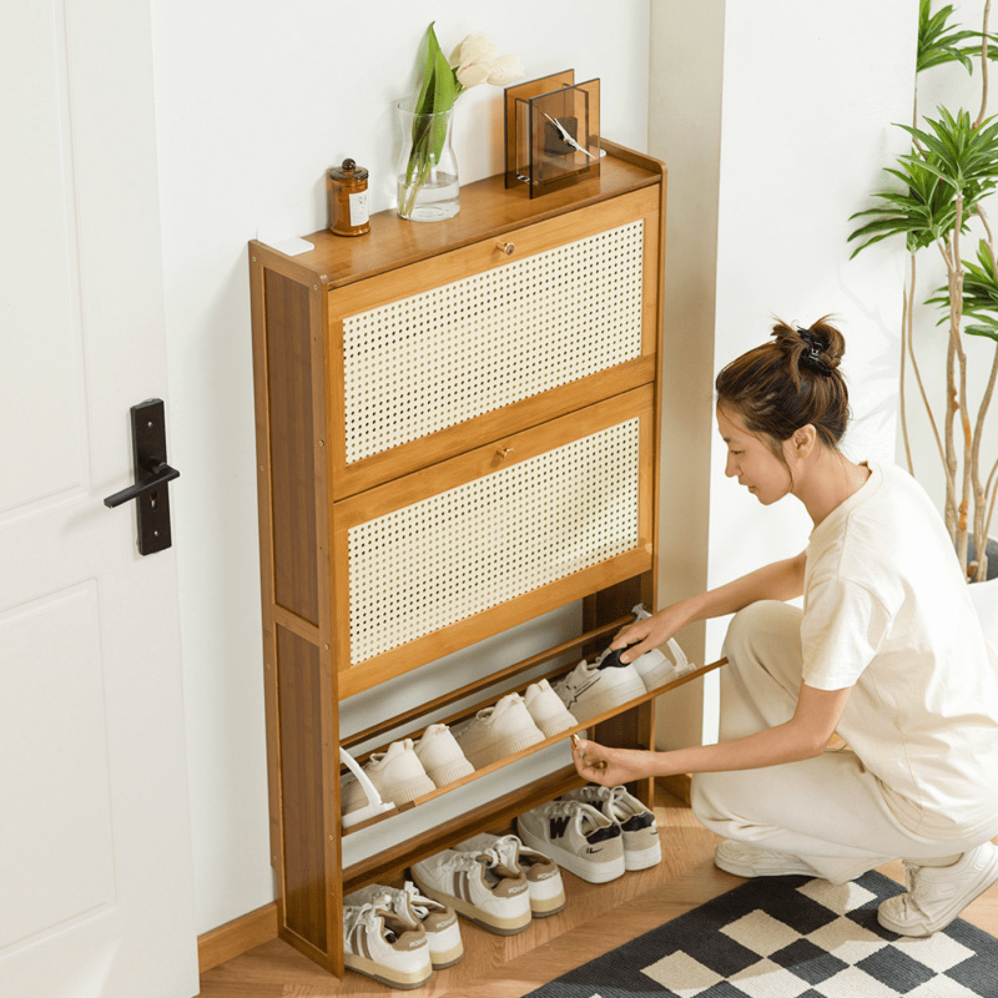 Multi-Layer Bamboo Wooden Shoe Organizer with Dustproof Doors (70cm)