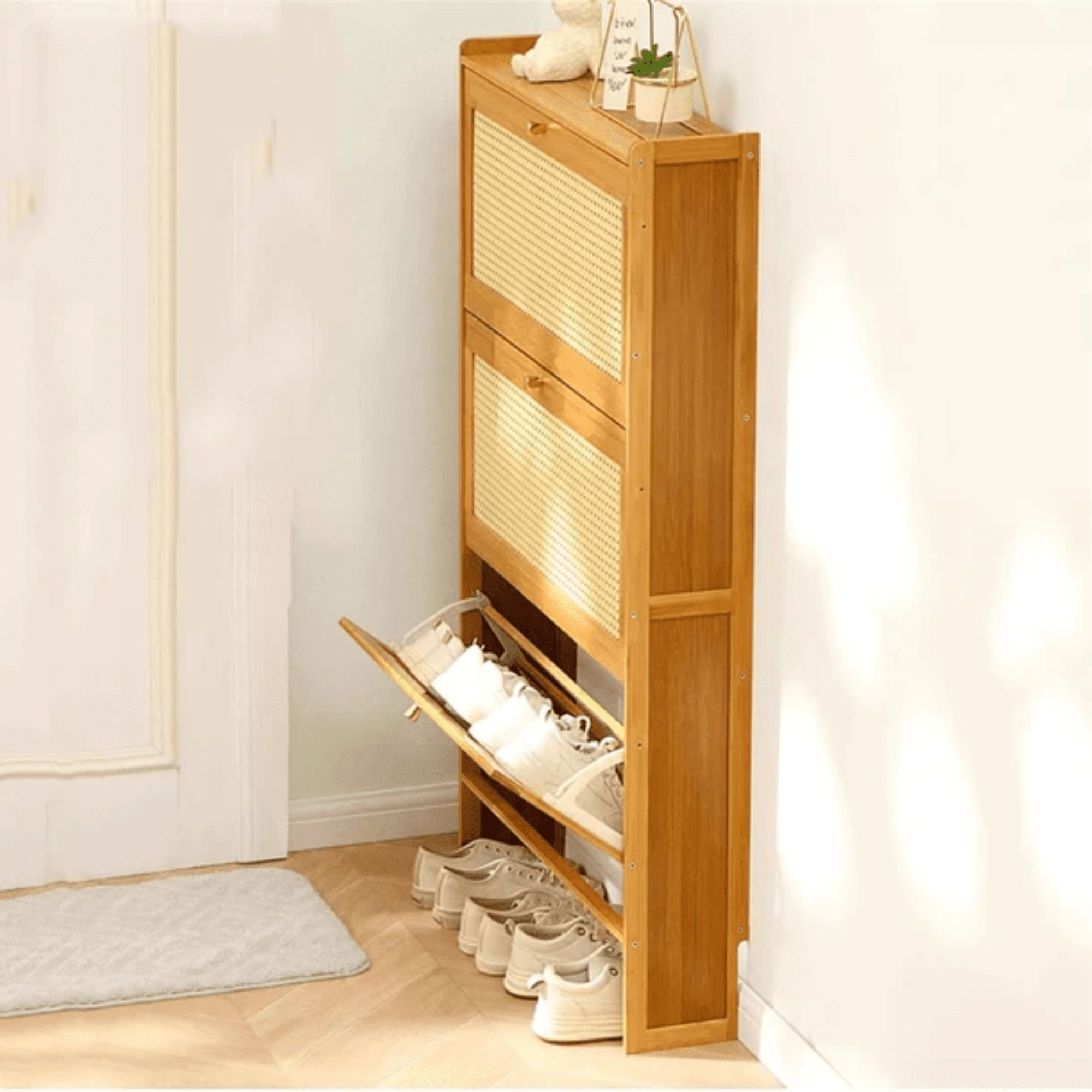 Multi-Layer Bamboo Wooden Shoe Organizer with Dustproof Doors (Brown-70cm)