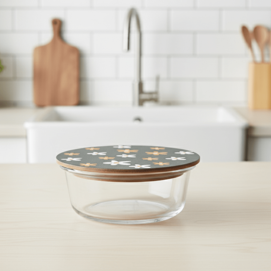 Round Borosilicate Glass Food Container with Printed Lid