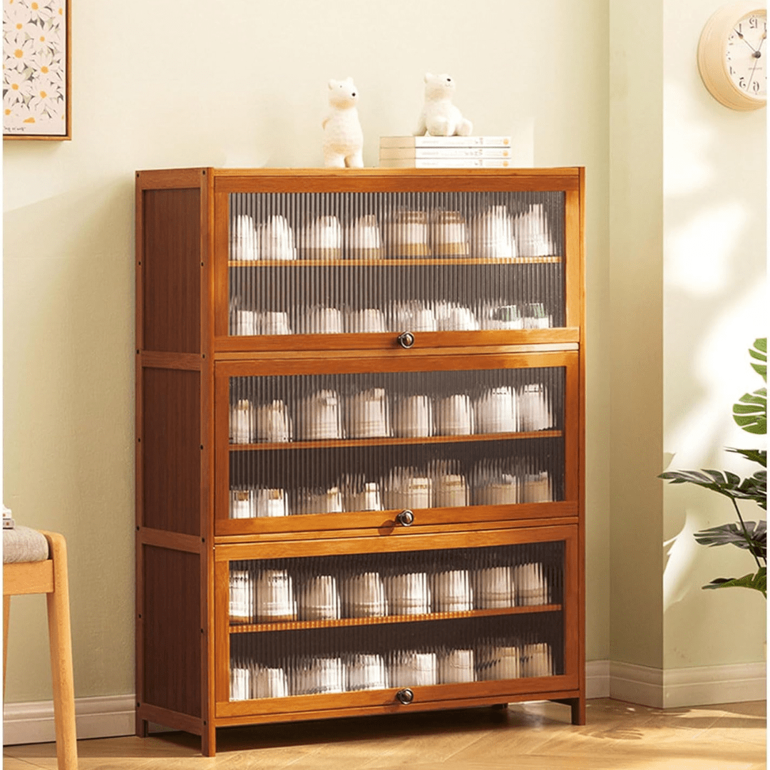 Multi-Tier Bamboo Shoe Rack with Transparent Flap Doors (Brown-80cm)