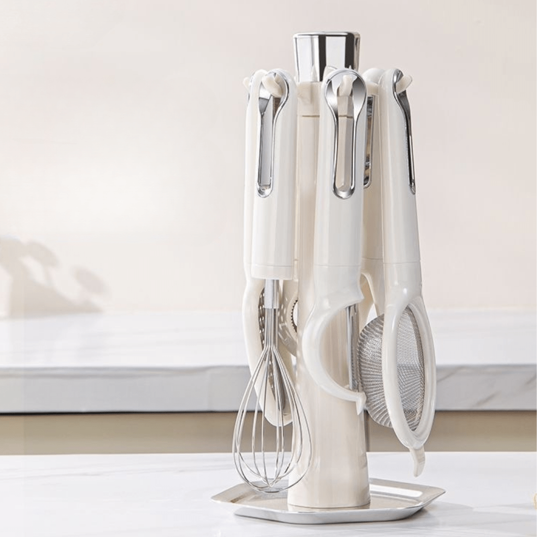 Multi-Functional 7-Piece Stainless Steel Kitchen Tools Set with Stand