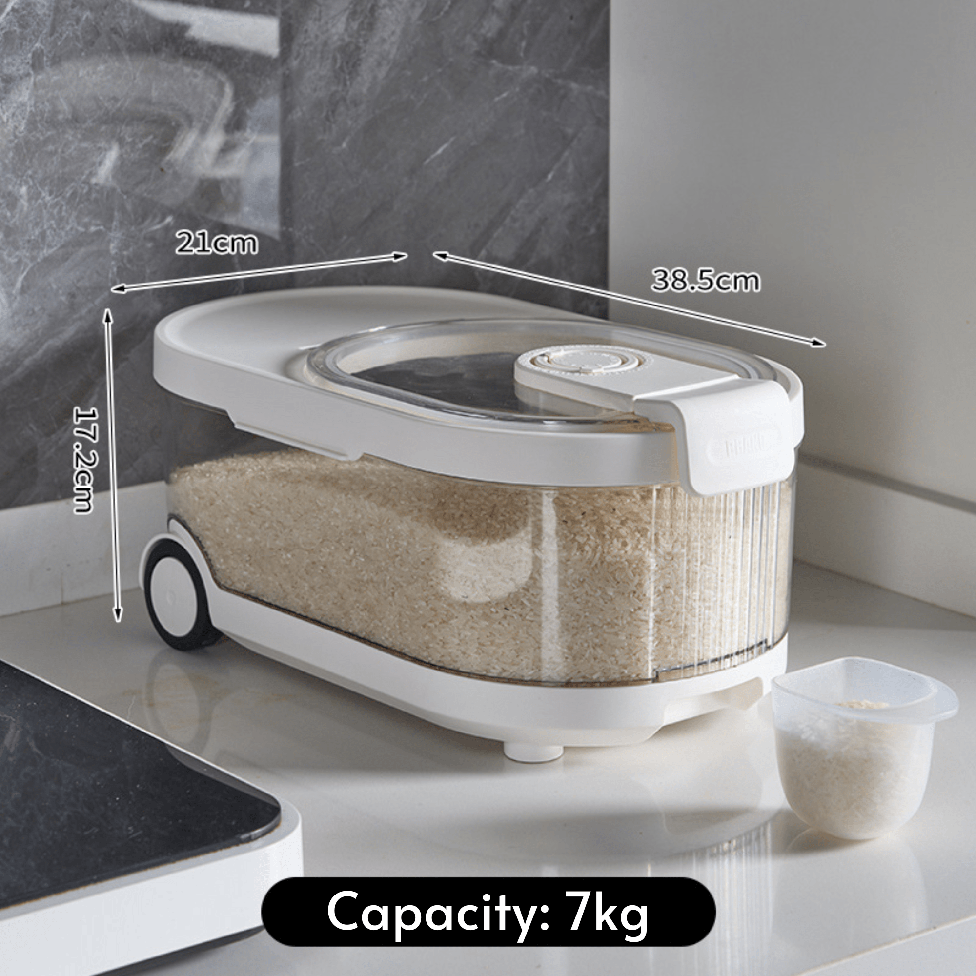 Sealed Rice Storage Container with Measuring Cup & Wheels(7Kg)