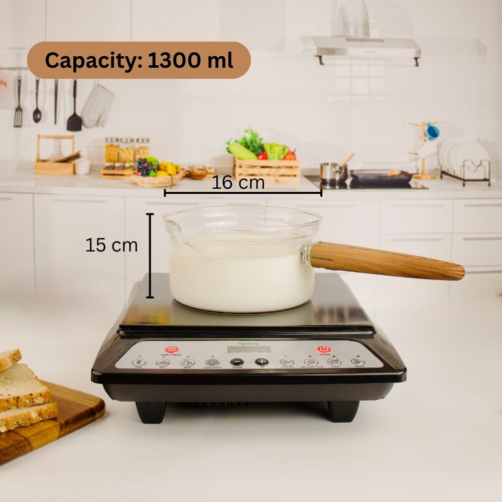 Multi-Functional Borosilicate Glass Pan with Wooden Handle (1300ml)