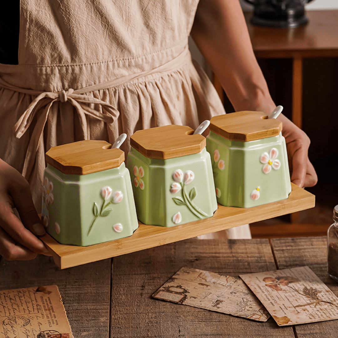 Elegant Ceramic Condiment Jar Set with Lid Spoons and Wooden Tray