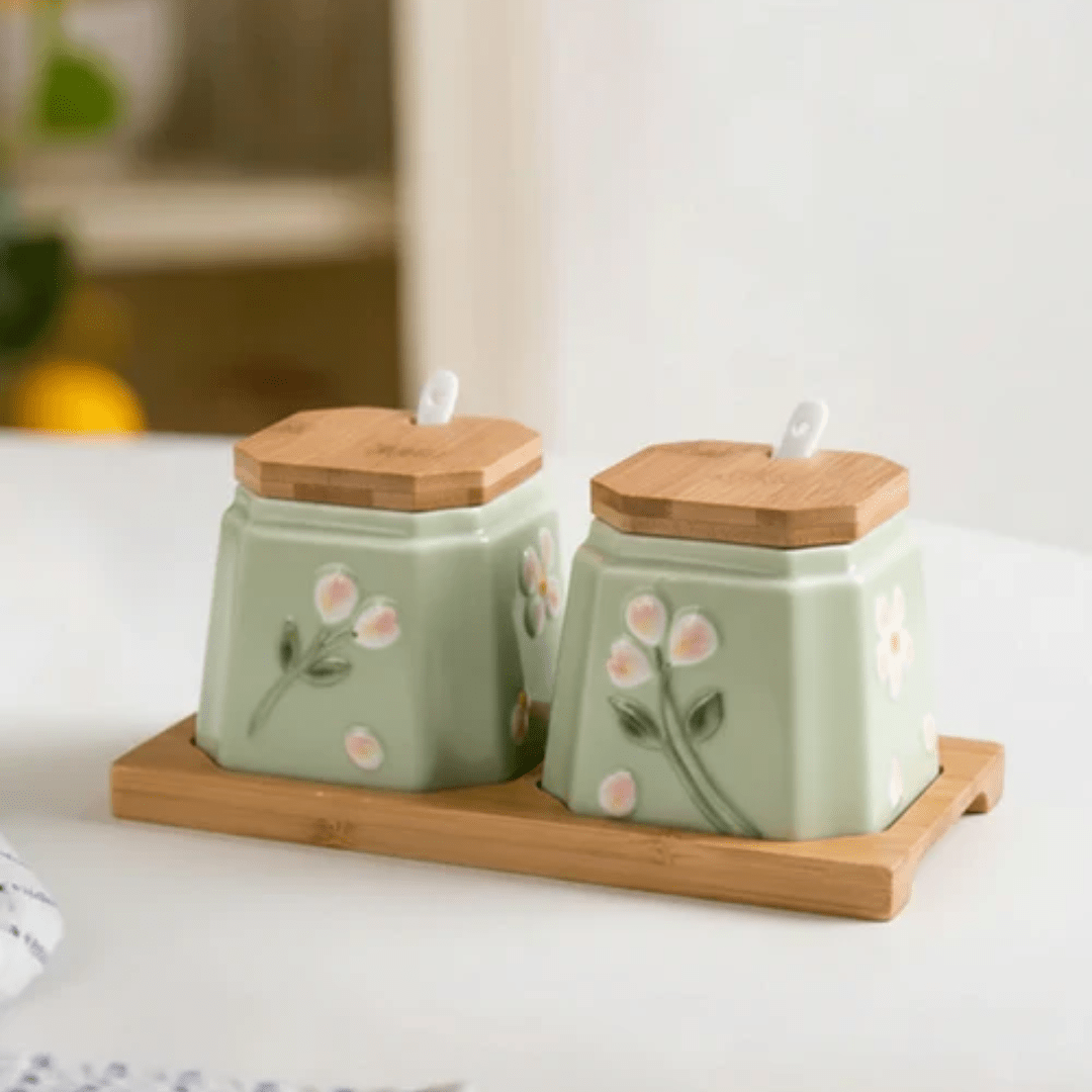 Elegant Ceramic Condiment Jar Set with Lid Spoons and Wooden Tray