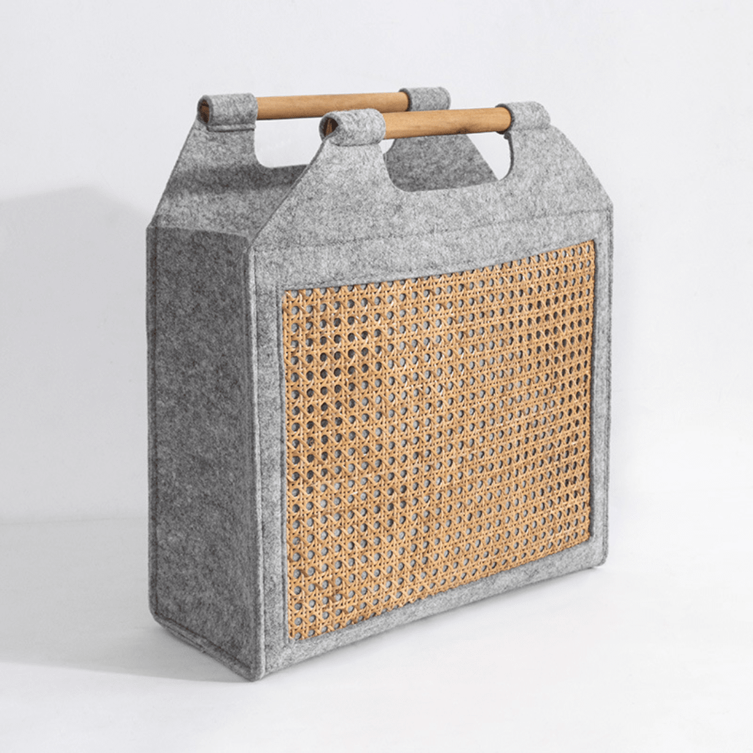 Modern Felt Storage Tote Basket with Rattan Panel & Wooden Handle