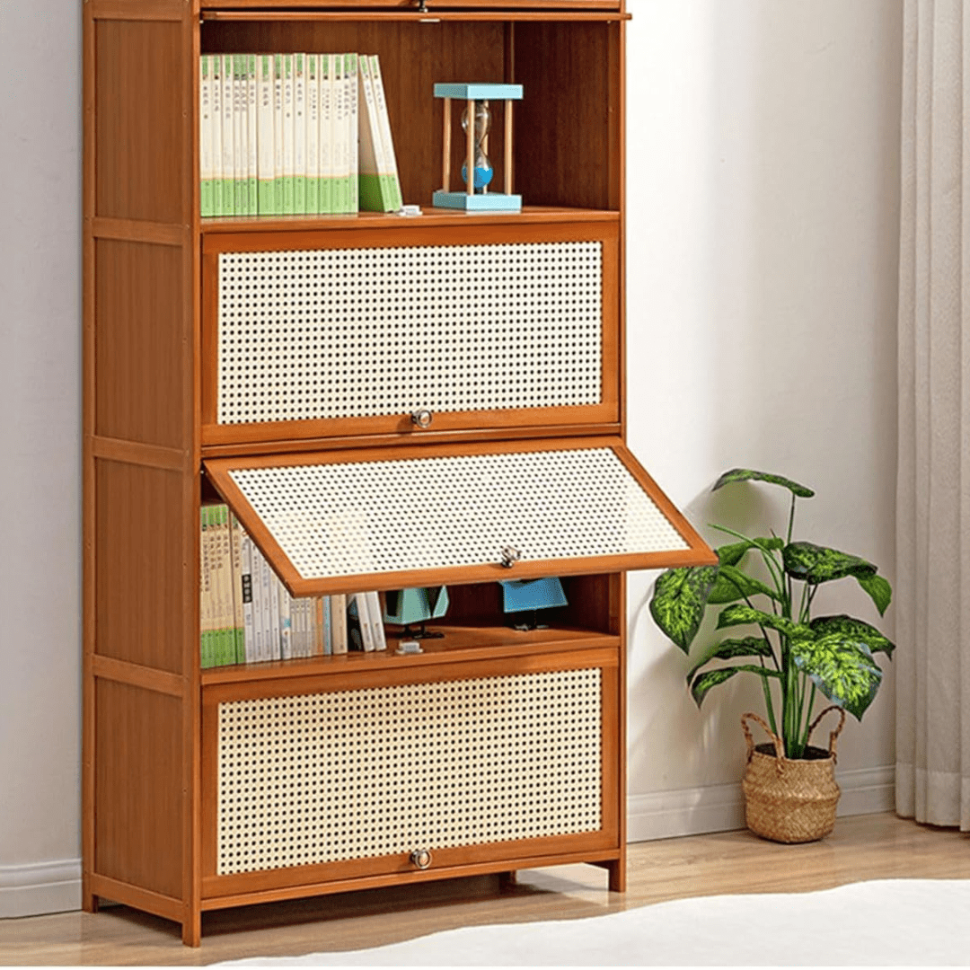 Multi-Tier Bamboo Wood Storage Shelf with Flip-Up Doors (Brown-80cm)