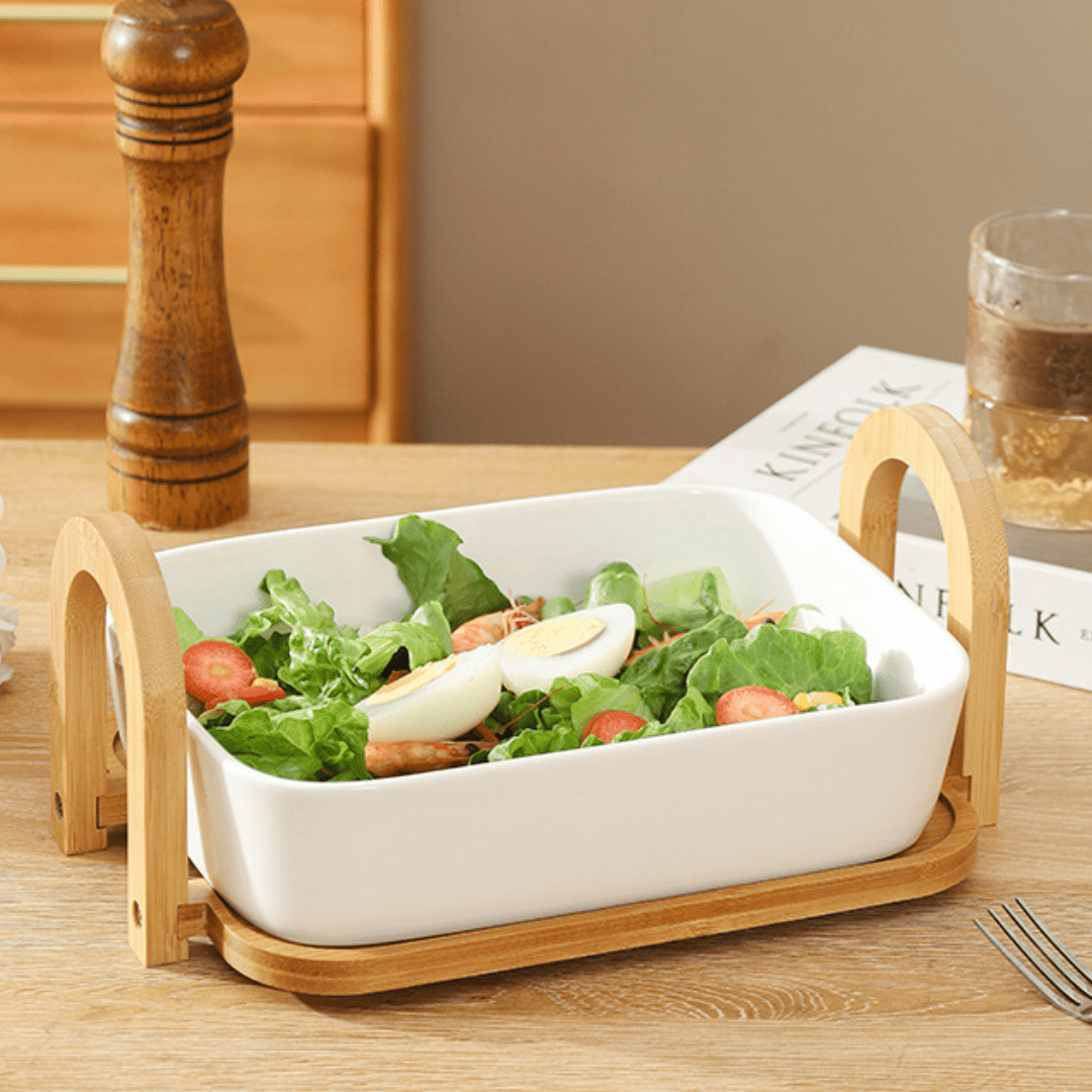 Multi-Purpose Heat-Resistant Ceramic Fruit Plate with Wooden Tray