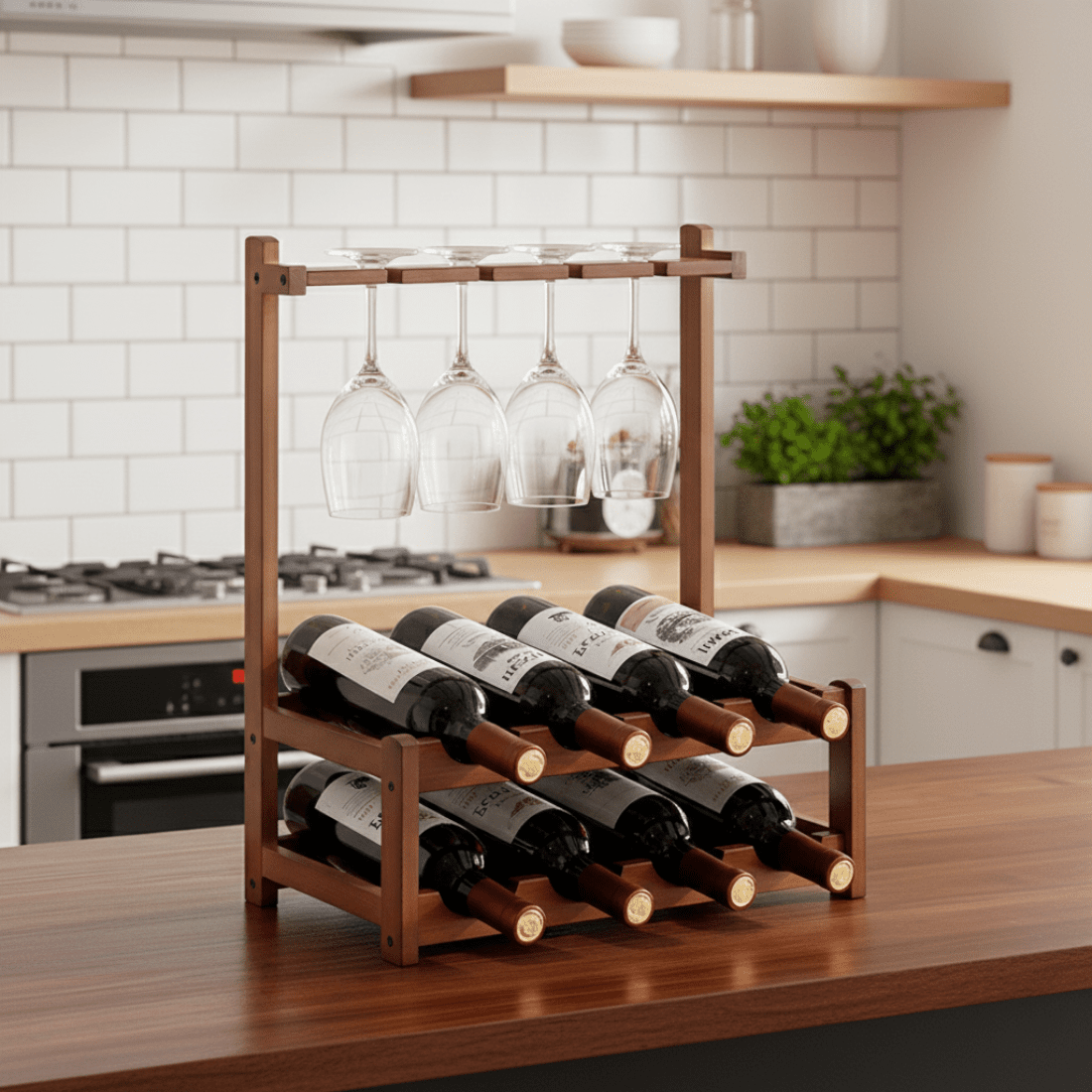 Compact Bamboo Wine Rack with Glass Holder