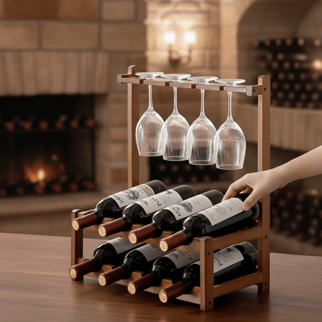 Compact Bamboo Wine Rack with Glass Holder