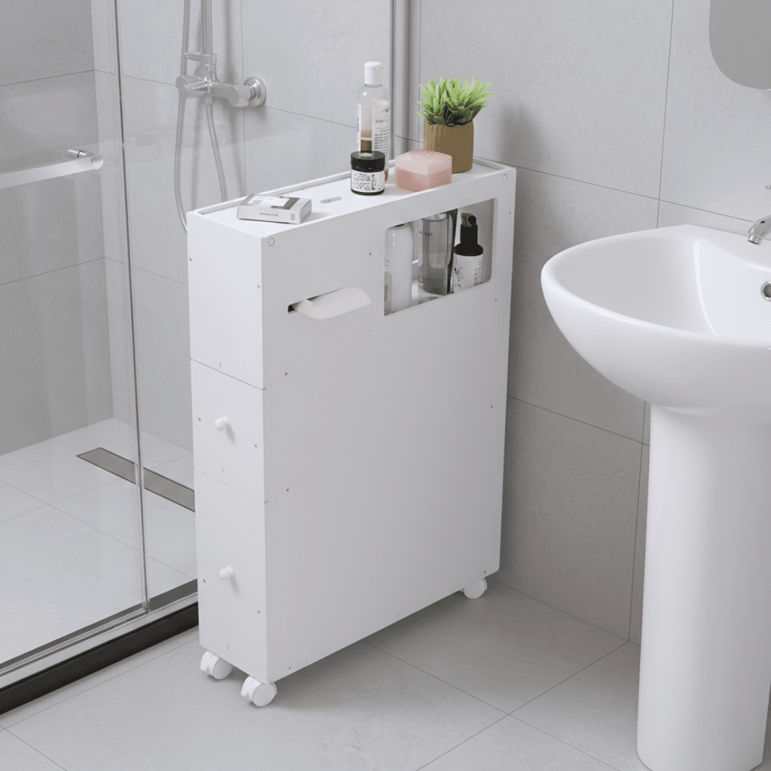 Slim Rolling Bathroom Side Cabinet with Storage Shelve