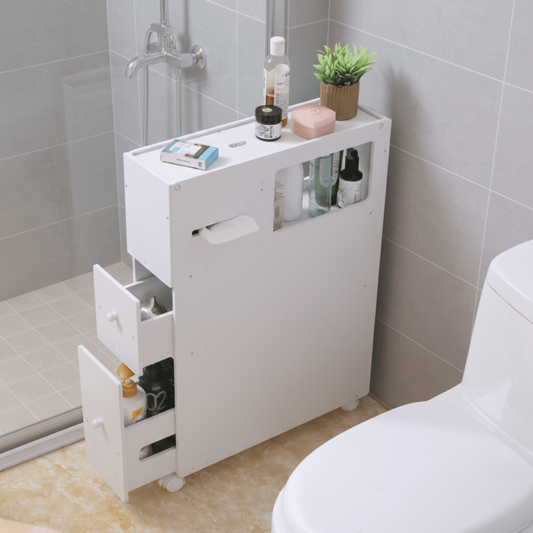 Slim Rolling Bathroom Side Cabinet with Storage Shelve