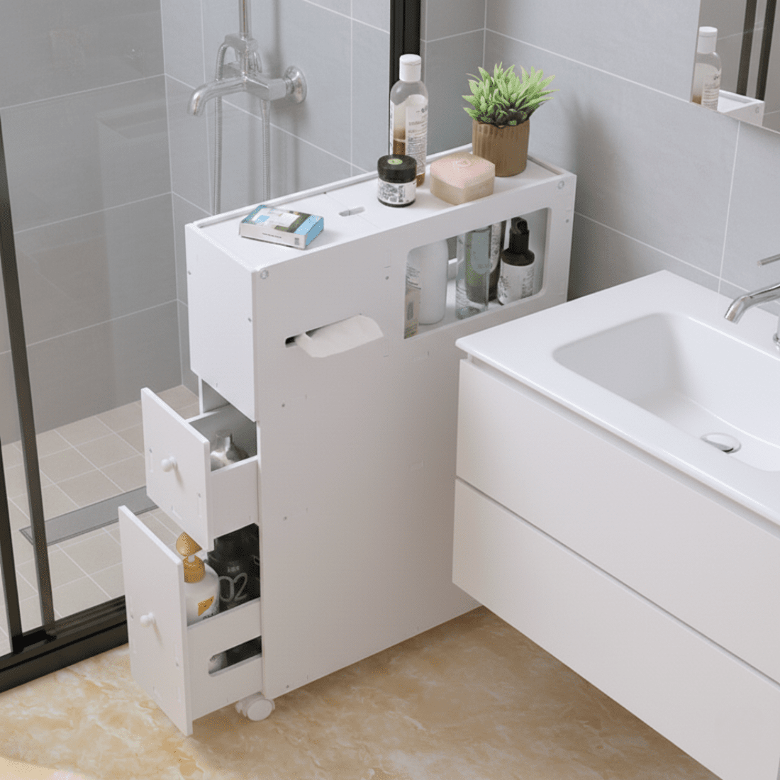 Slim Rolling Bathroom Side Cabinet with Storage Shelve