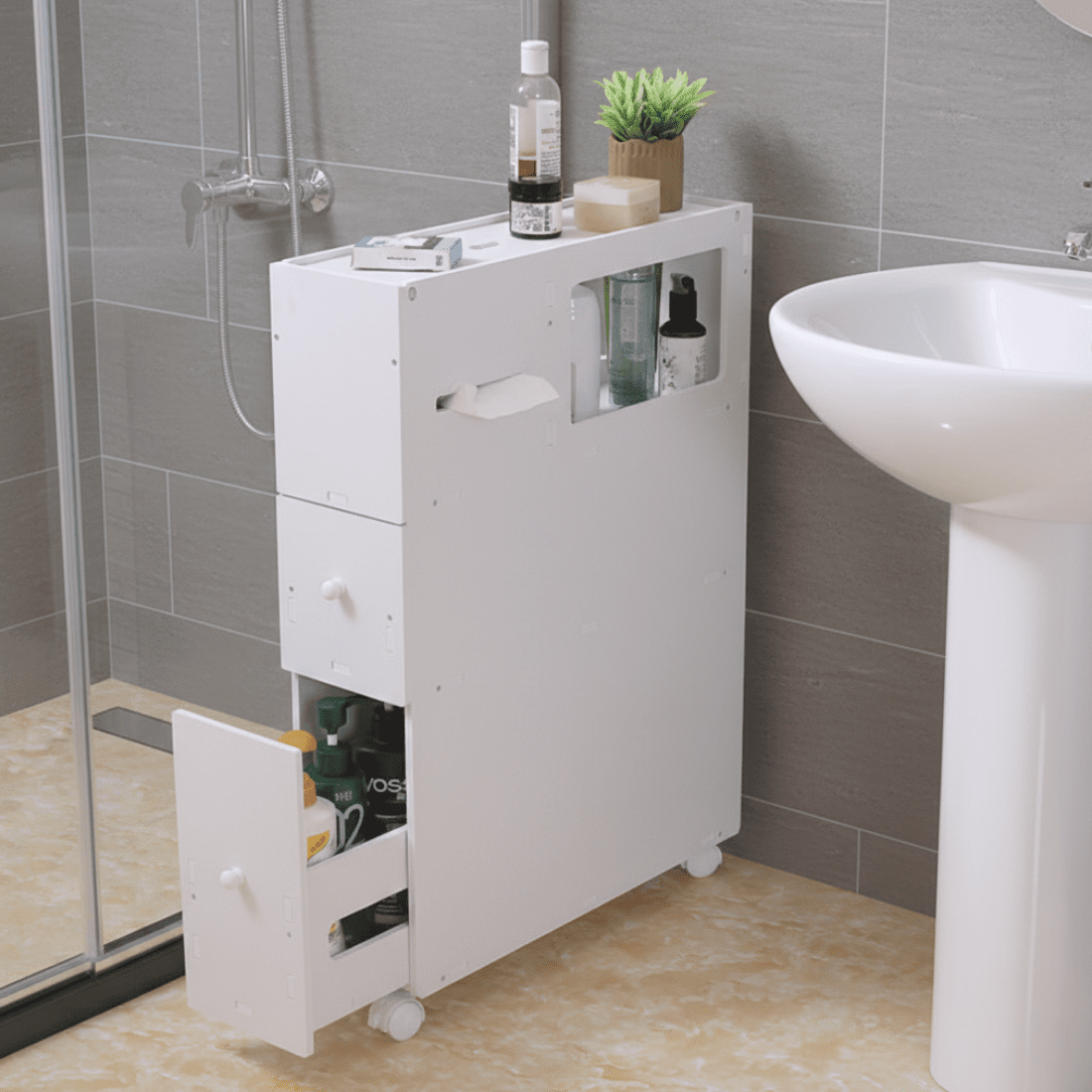 Slim Rolling Bathroom Side Cabinet with Storage Shelve