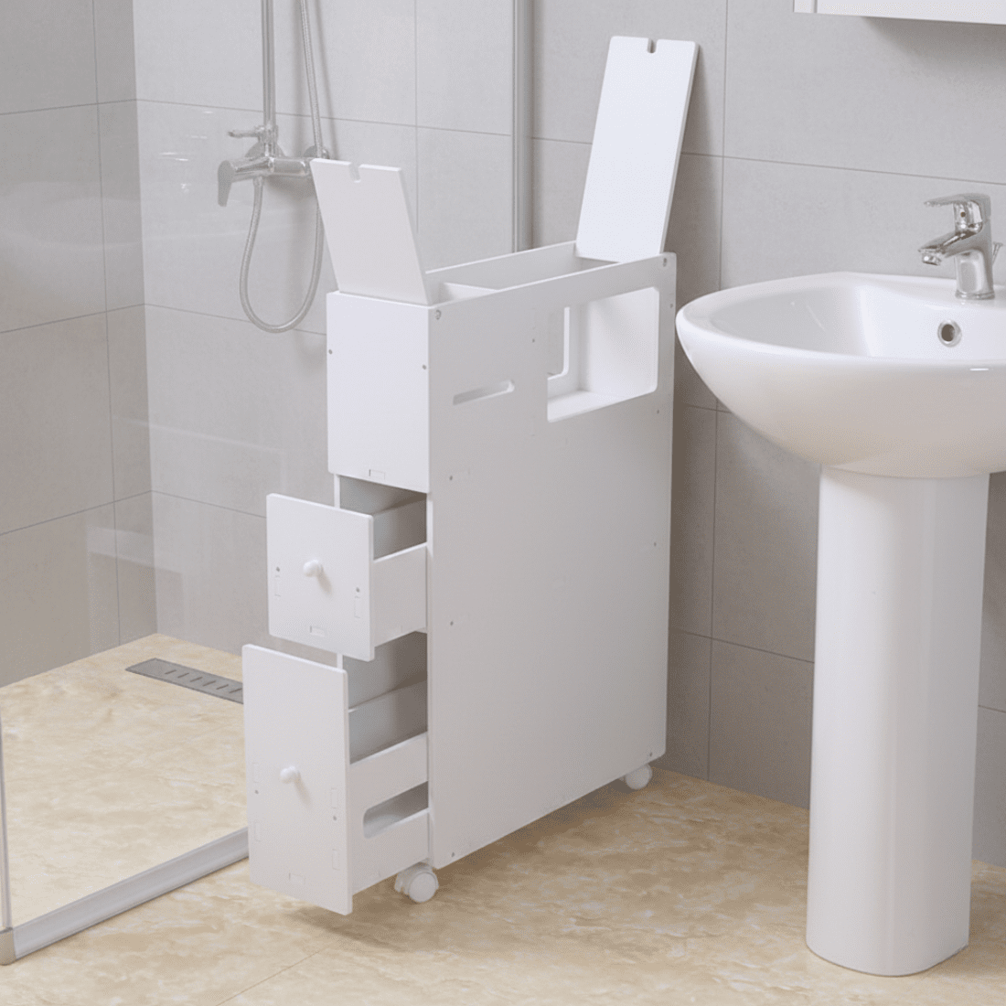 Slim Rolling Bathroom Side Cabinet with Storage Shelve