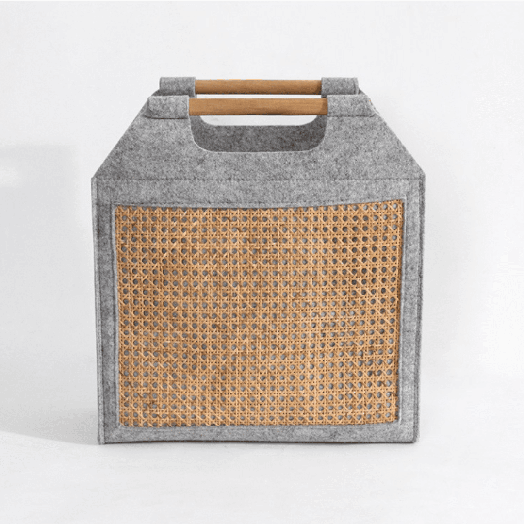 Modern Felt Storage Tote Basket with Rattan Panel & Wooden Handle