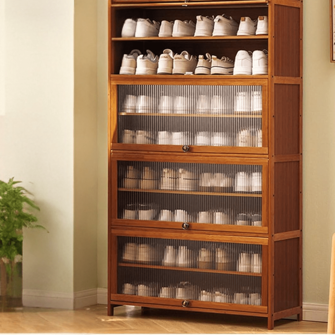 Multi-Tier Bamboo Shoe Rack with Transparent Flap Doors (80cm)