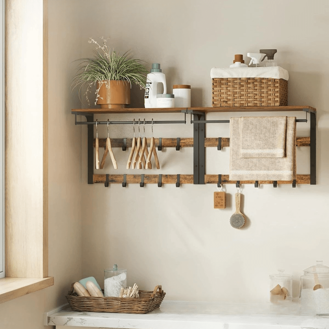 Wall-Mounted Metal Wooden Coat Rack with Shelf and Hooks