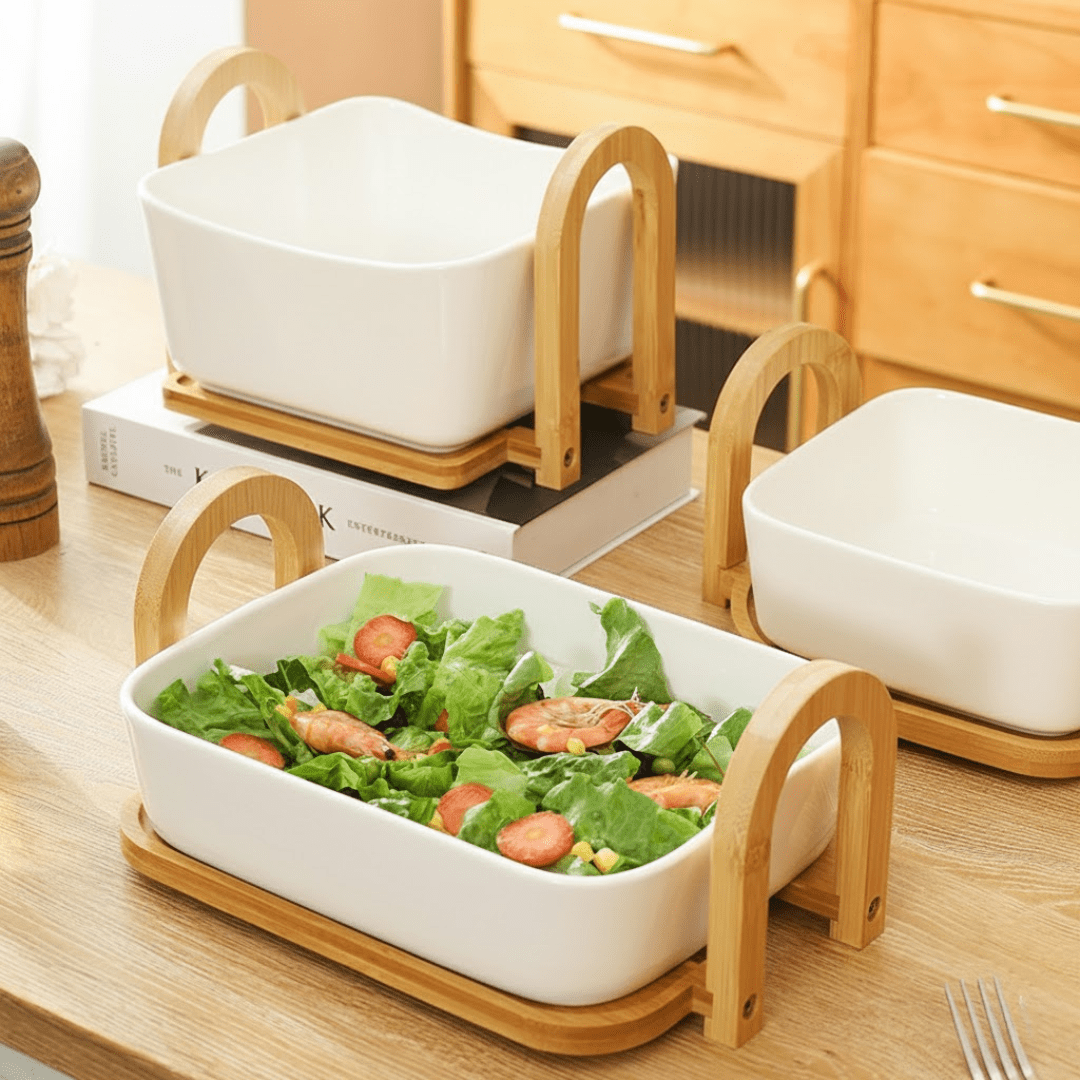 Multi-Purpose Heat-Resistant Ceramic Fruit Plate with Wooden Tray