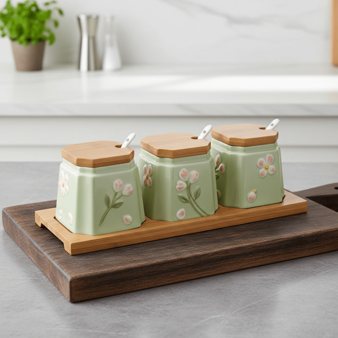 Elegant Ceramic Condiment Jar Set with Lid Spoons and Wooden Tray