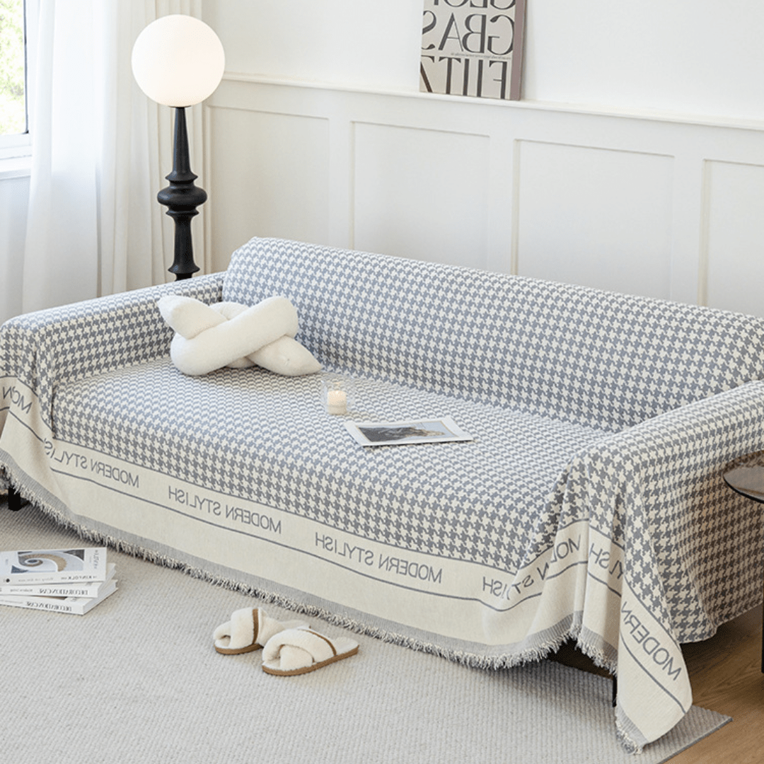 Houndstooth Light Grey Elegance Chenille Sofa Cover