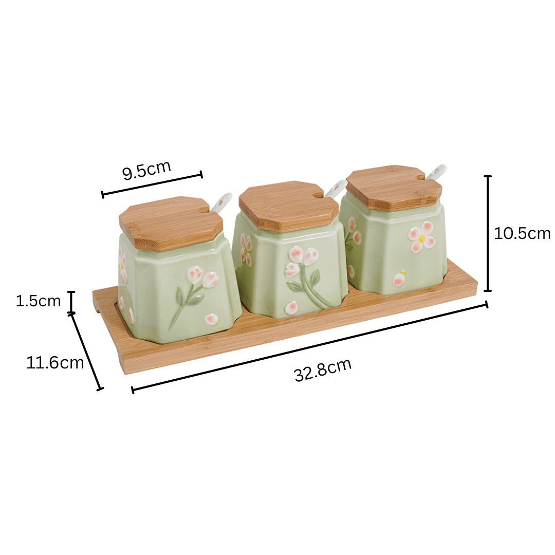 Elegant Ceramic Condiment Jar Set with Lid Spoons and Wooden Tray