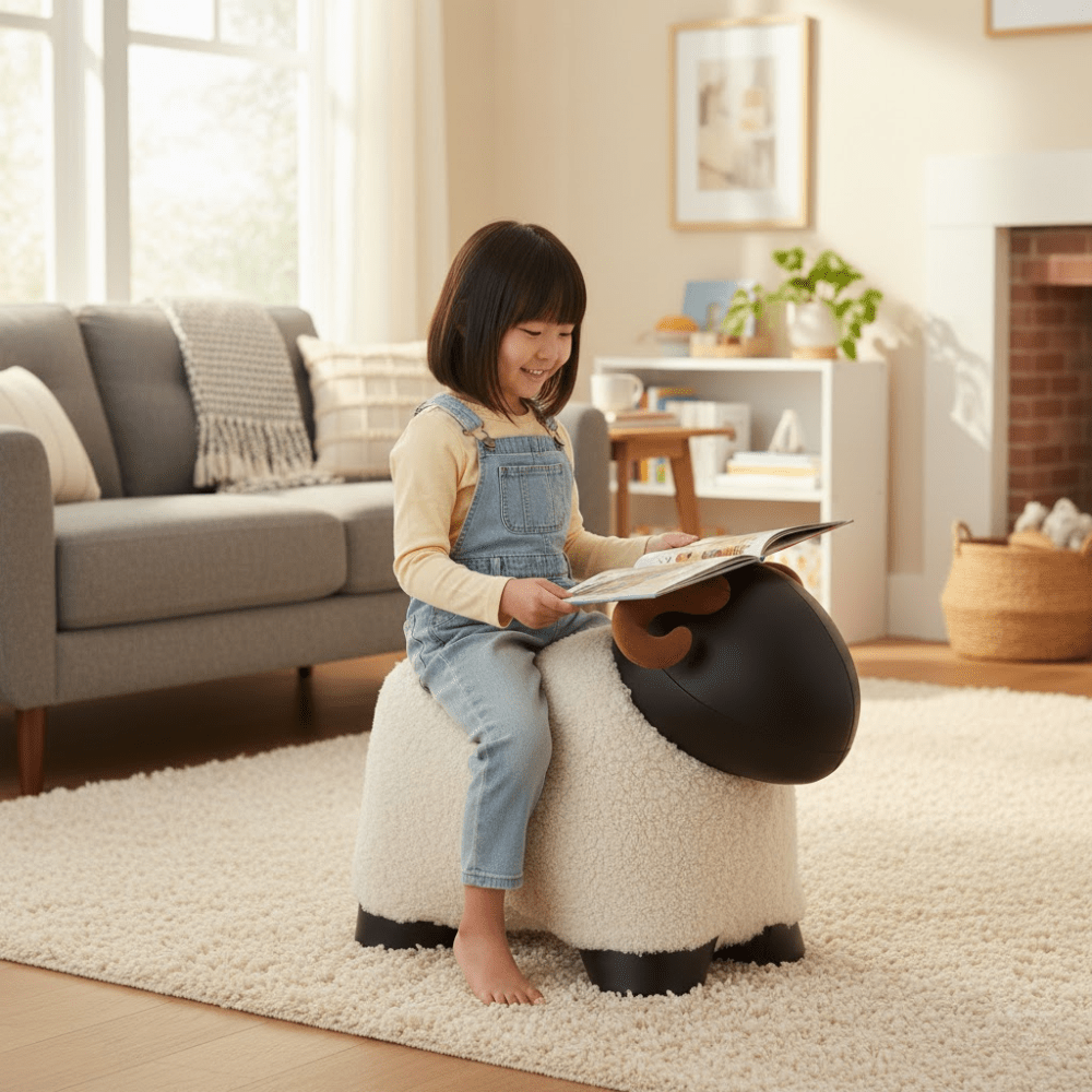 Creative Solid Wood Animal Stool with Soft Teddy Fleece