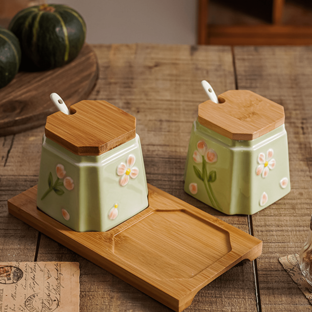 Elegant Ceramic Condiment Jar Set with Lid Spoons and Wooden Tray