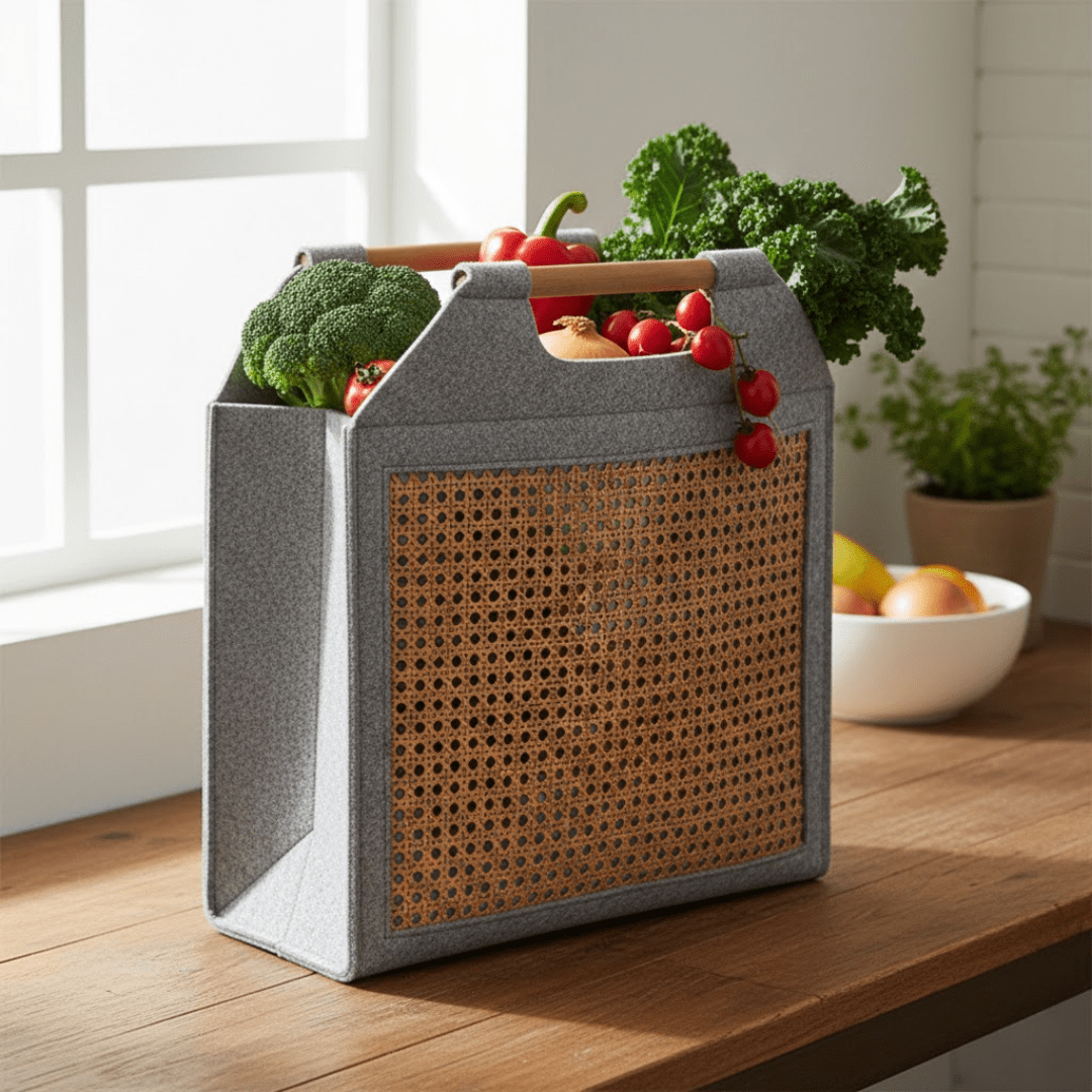 Modern Felt Storage Tote Basket with Rattan Panel & Wooden Handle