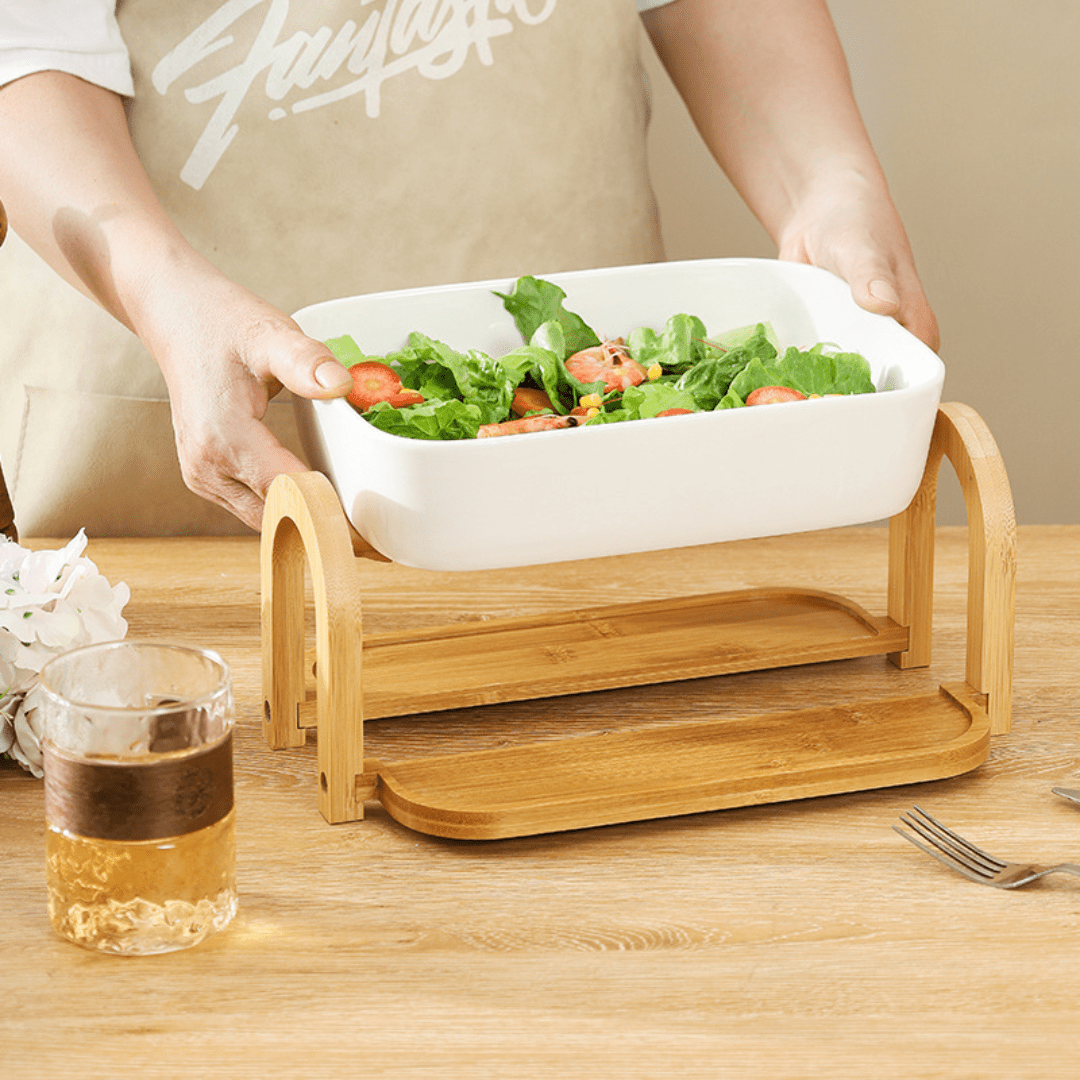Multi-Purpose Heat-Resistant Ceramic Fruit Plate with Wooden Tray