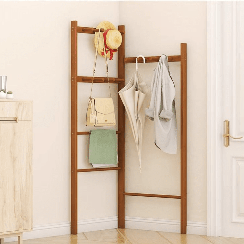 Space-Saving Corner Mounted Bamboo Clothes Rack