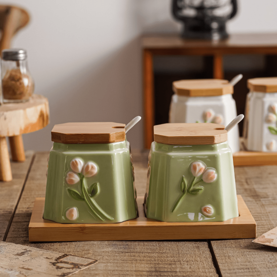Elegant Ceramic Condiment Jar Set with Lid Spoons and Wooden Tray