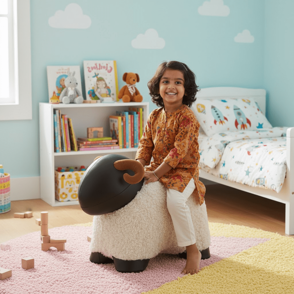 Creative Solid Wood Animal Stool with Soft Teddy Fleece