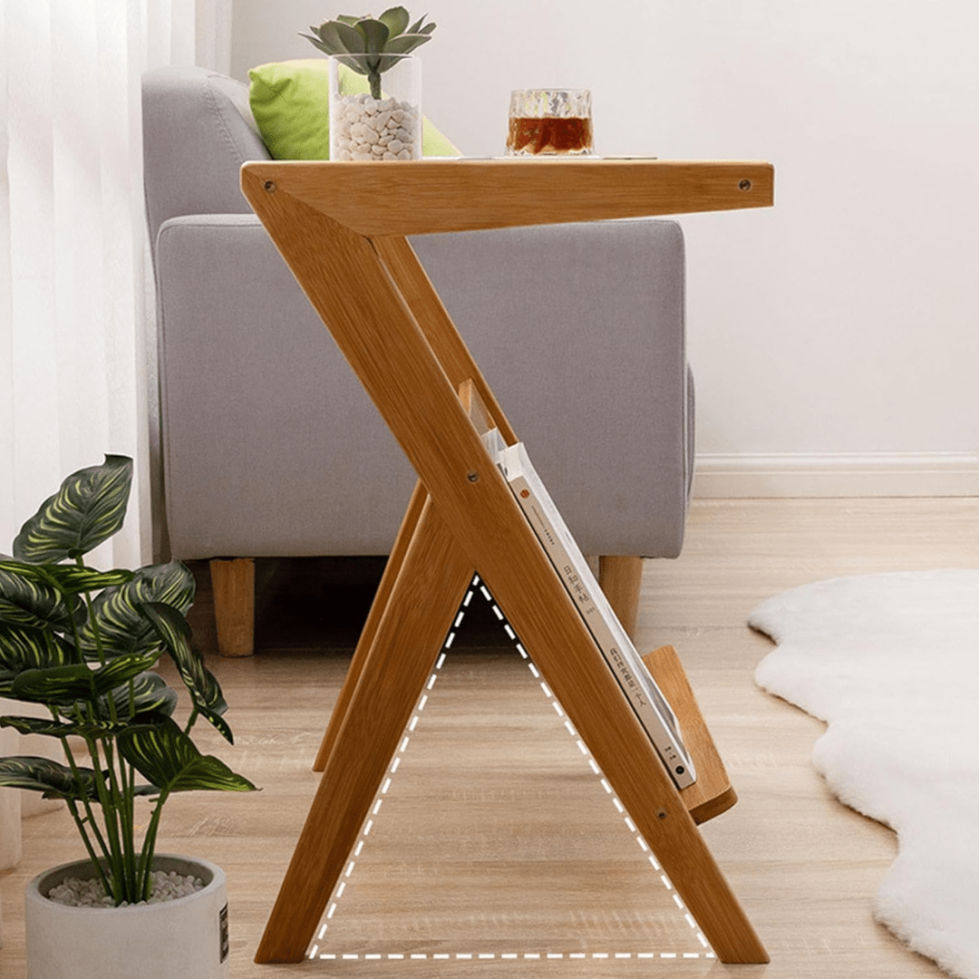 Modern Bamboo Side Table with Glass & Storage Shelf (Natural Wood-55cm)
