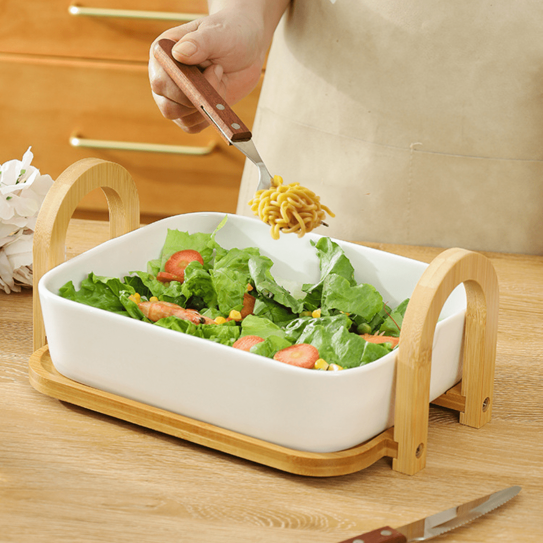 Multi-Purpose Heat-Resistant Ceramic Fruit Plate with Wooden Tray