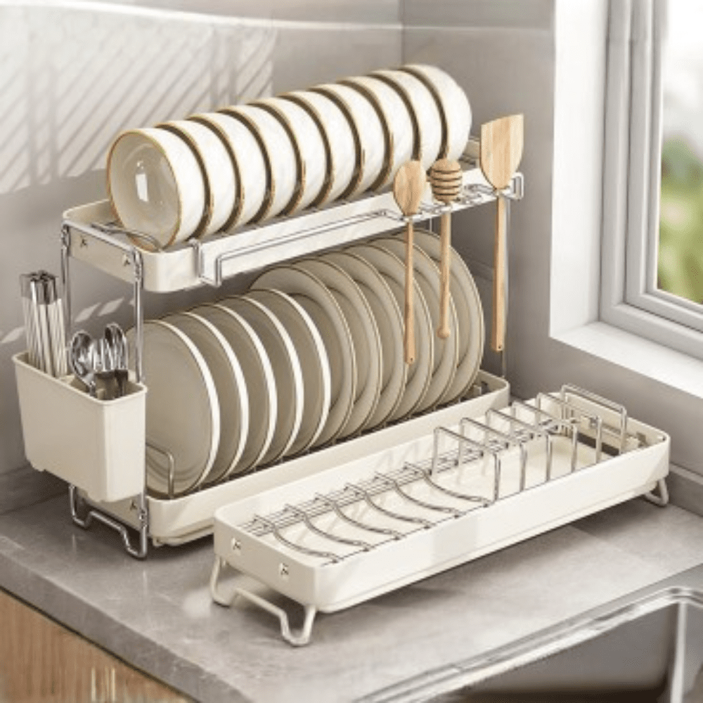 Multi-Functional Two-Level Dish Drying Rack with Adjustable Length