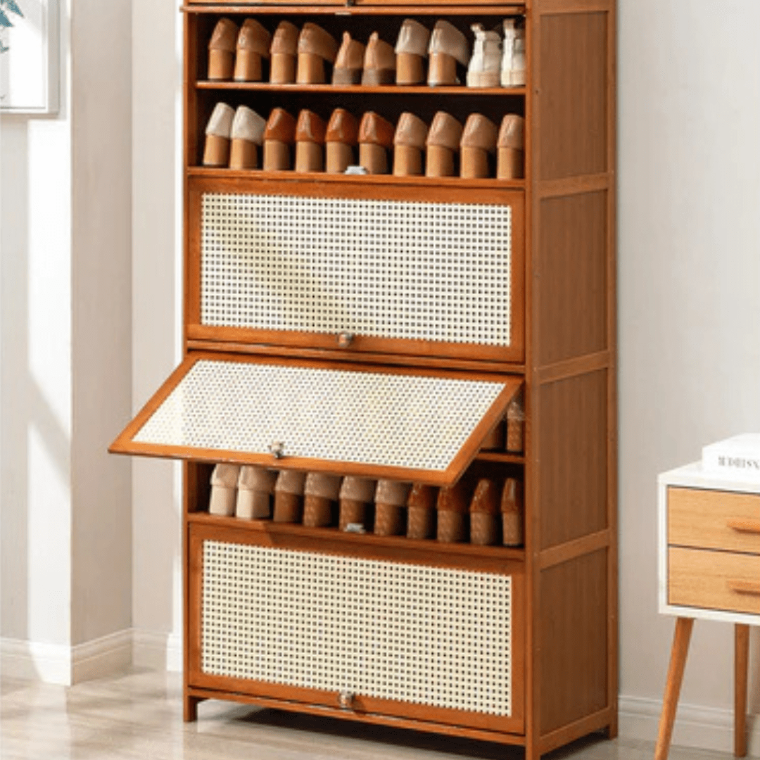Multi-Tier Bamboo Wood Storage Shelf with Flip-Up Doors (80cm)