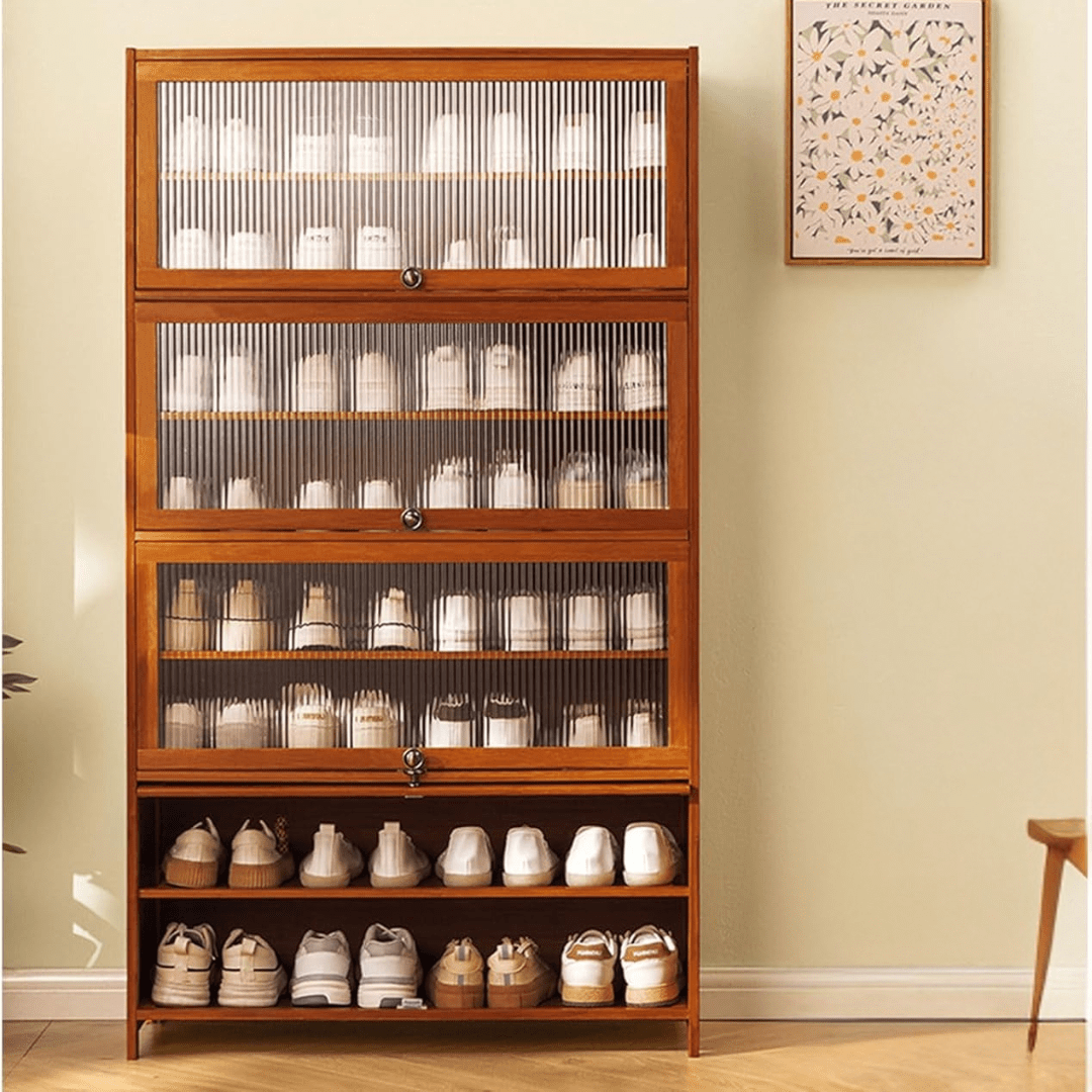 Multi-Tier Bamboo Shoe Rack with Transparent Flap Doors (Brown-80cm)