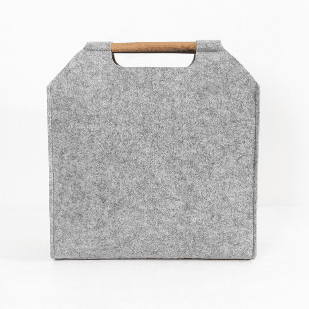 Modern Felt Storage Tote Basket with Rattan Panel & Wooden Handle