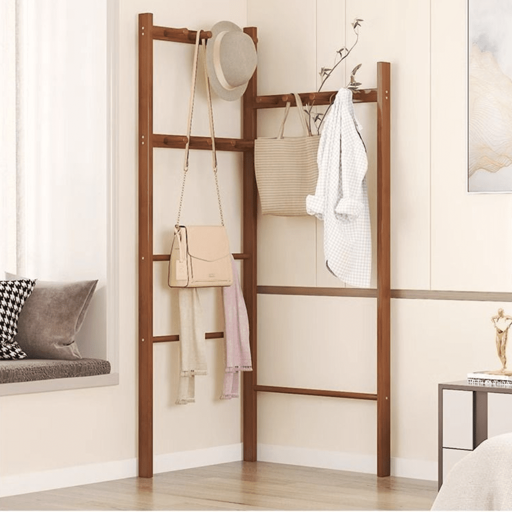 Space-Saving Corner Mounted Bamboo Clothes Rack