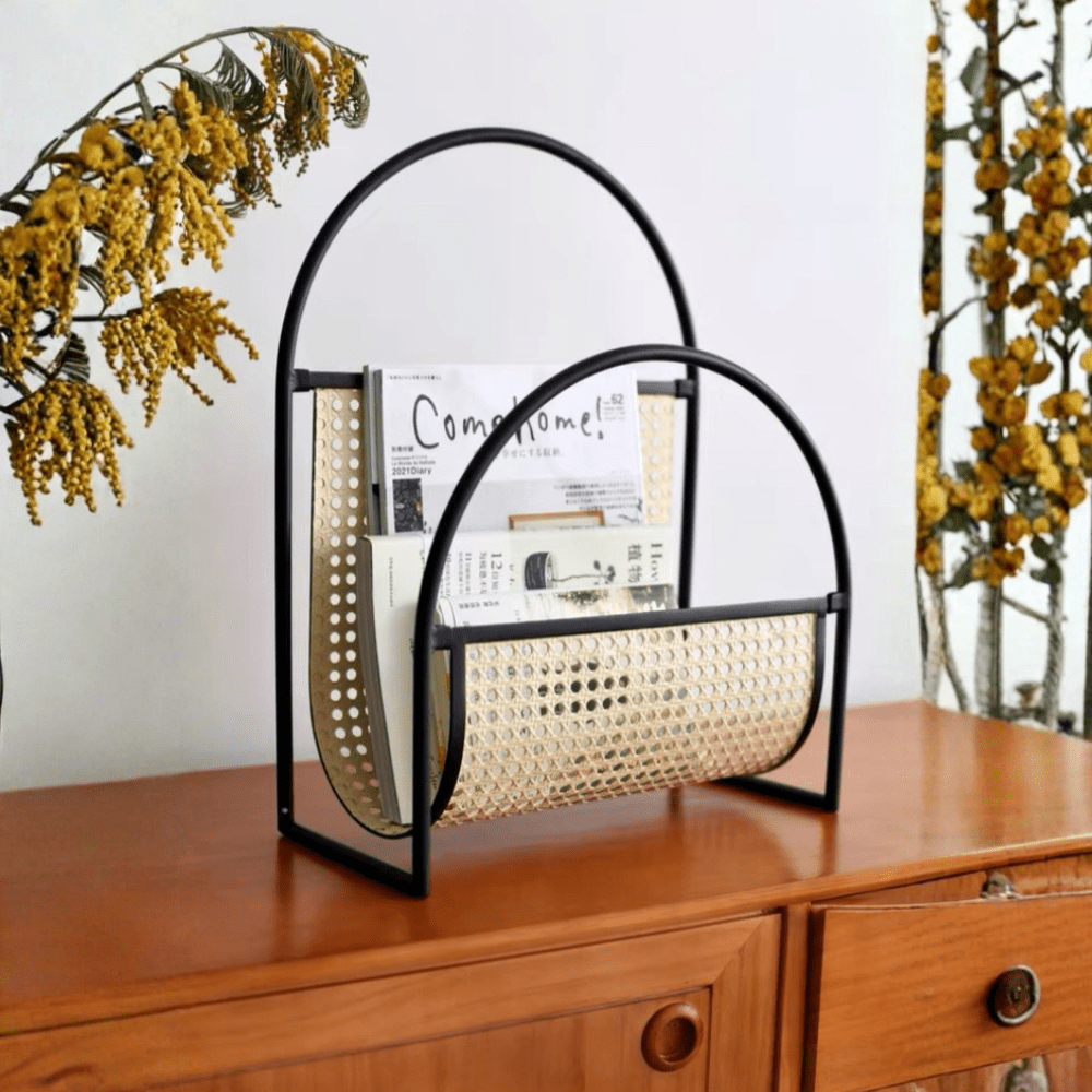 Open Frame Magazine Storage Holder With Curved Stand Design