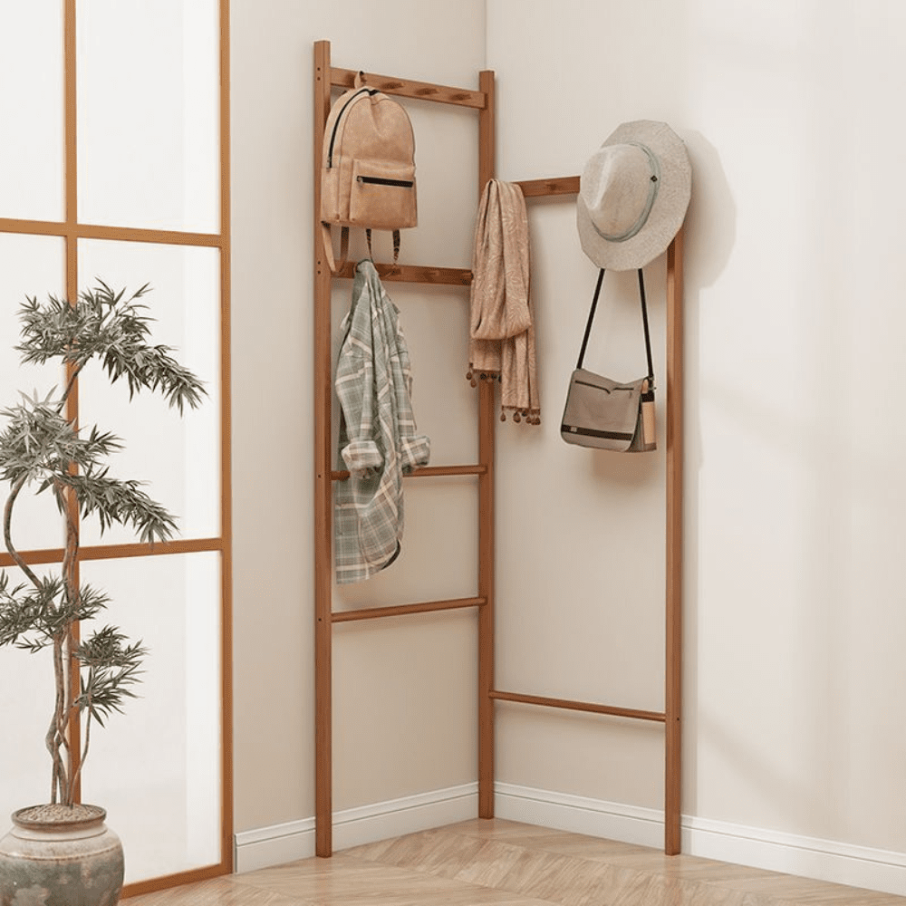 Space-Saving Corner Mounted Bamboo Clothes Rack