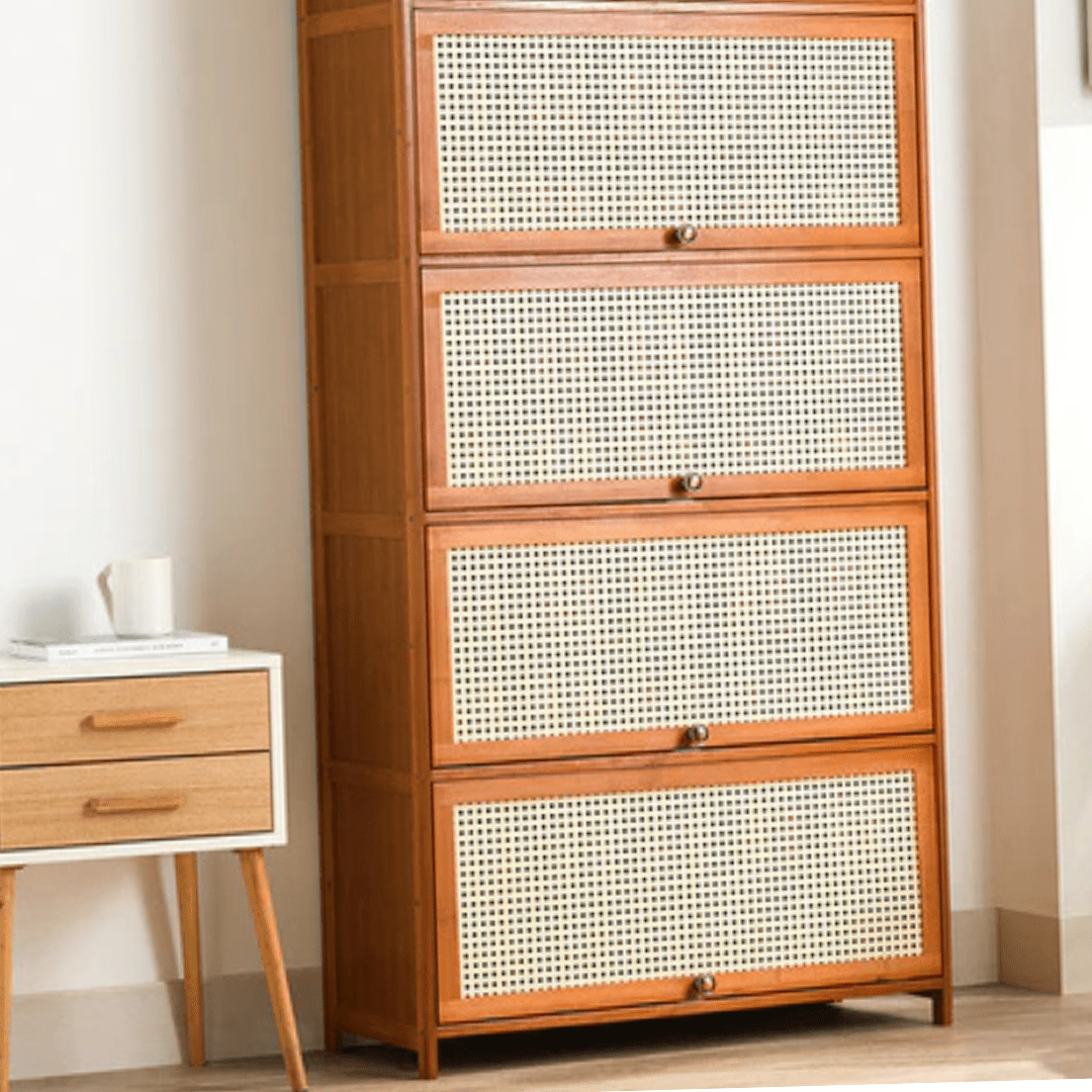 Multi-Tier Bamboo Wood Storage Shelf with Flip-Up Doors (80cm)