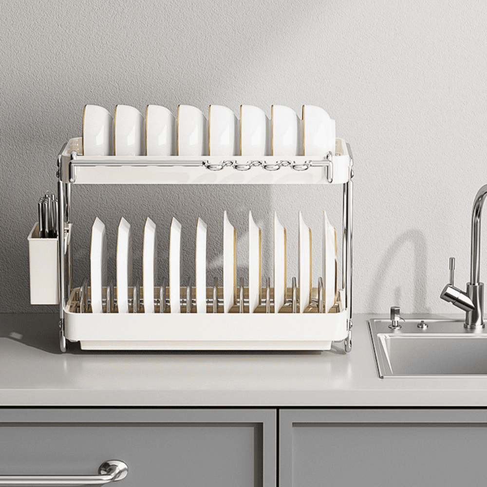Multi-Functional Two-Level Dish Drying Rack with Adjustable Length